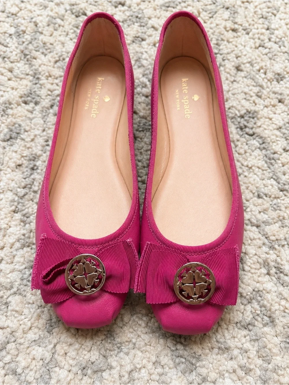 kate spade fuchsia bow ballet flats with logo medallion